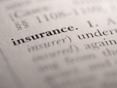 A close-up photo of a page of text with the word insurance in sharp focus