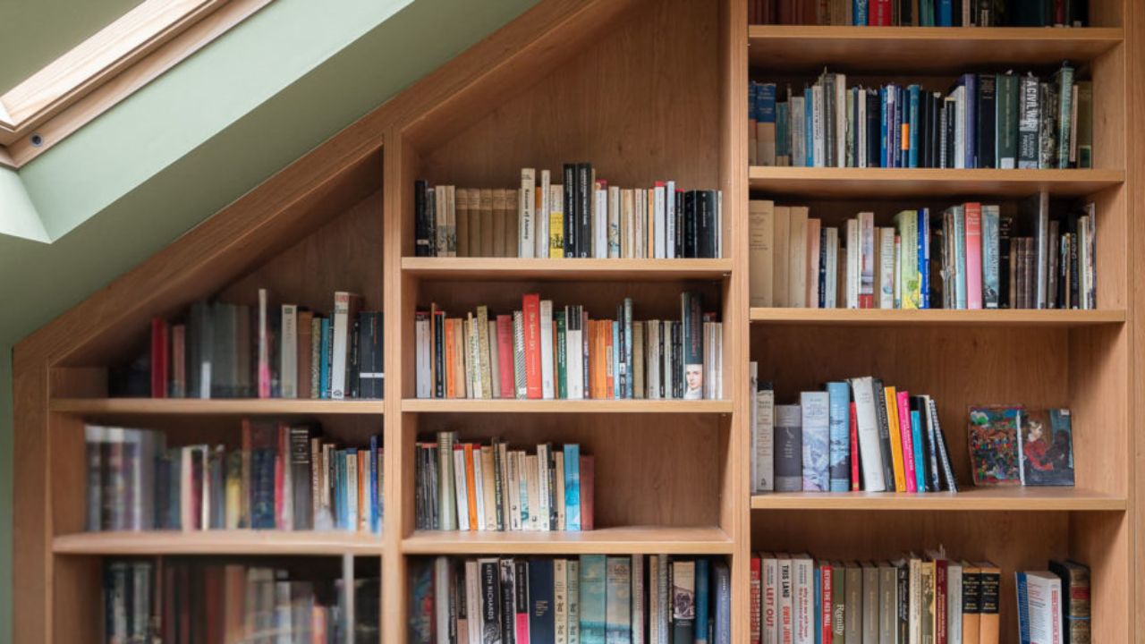 Wooden bookcases under a VELUX window